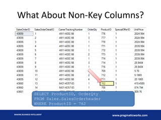 What About Non-Key Columns?

SELECT ProductID, OrderQty
FROM Sales.SalesOrderheader
WHERE ProductID = 762
MAKING BUSINESS INTELLIGENT

www.pragmaticworks.com

 