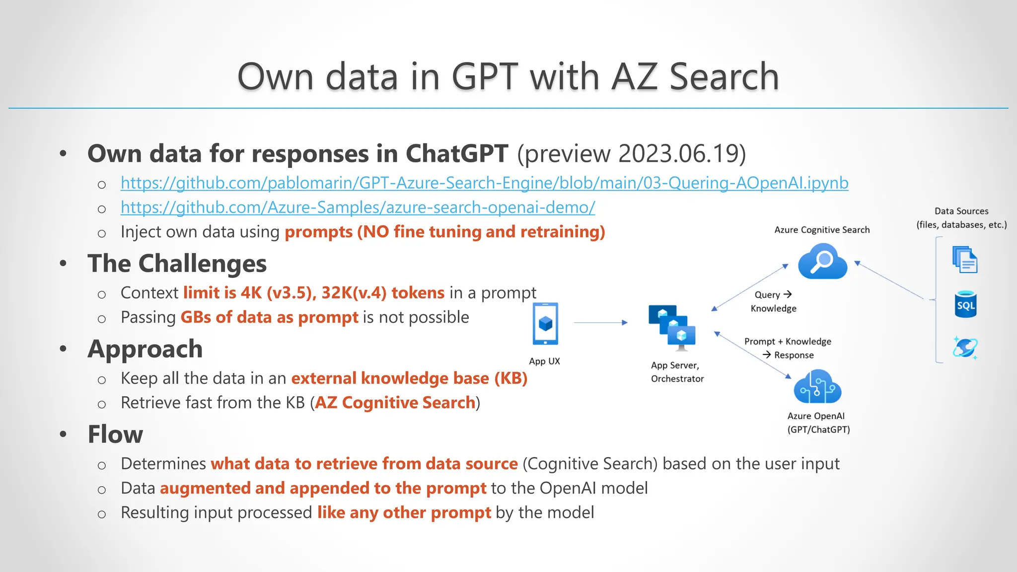 Own data in GPT with AZ Search • Own data for responses in ChatGPT (preview 2023.06.19) o https://github.com/pablomarin/GPT-Azure-Search-Engine/blob/main/03-Quering-AOpenAI.ipynb o https://github.com/Azure-Samples/azure-search-openai-demo/ o Inject own data using prompts (NO fine tuning and retraining) • The Challenges o Context limit is 4K (v3.5), 32K(v.4) tokens in a prompt o Passing GBs of data as prompt is not possible • Approach o Keep all the data in an external knowledge base (KB) o Retrieve fast from the KB (AZ Cognitive Search) • Flow o Determines what data to retrieve from data source (Cognitive Search) based on the user input o Data augmented and appended to the prompt to the OpenAI model o Resulting input processed like any other prompt by the model 