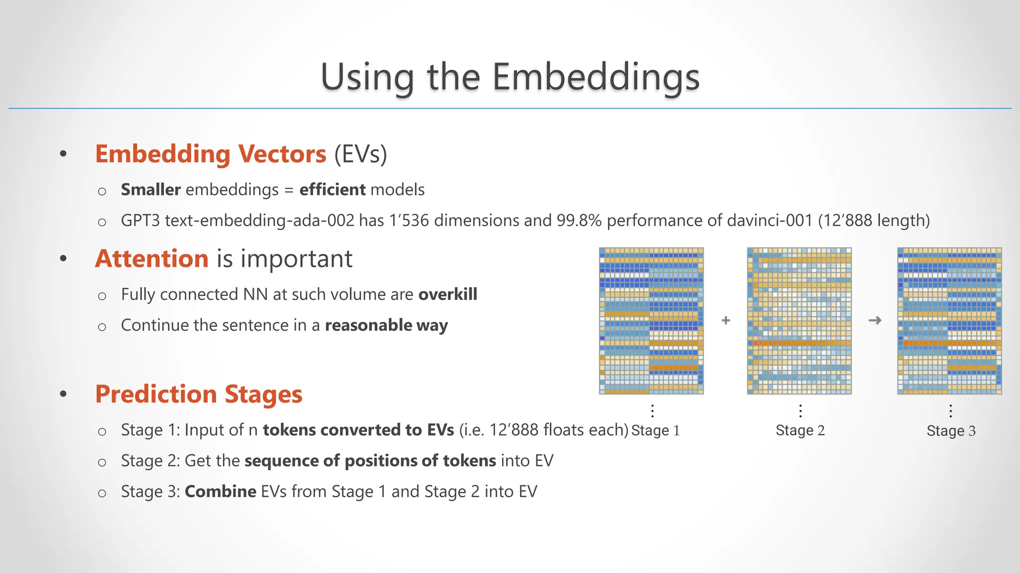 Using the Embeddings • Embedding Vectors (EVs) o Smaller embeddings = efficient models o GPT3 text-embedding-ada-002 has 1’536 dimensions and 99.8% performance of davinci-001 (12’888 length) • Attention is important o Fully connected NN at such volume are overkill o Continue the sentence in a reasonable way • Prediction Stages o Stage 1: Input of n tokens converted to EVs (i.e. 12’888 floats each) o Stage 2: Get the sequence of positions of tokens into EV o Stage 3: Combine EVs from Stage 1 and Stage 2 into EV Stage 1 Stage 2 Stage 3 