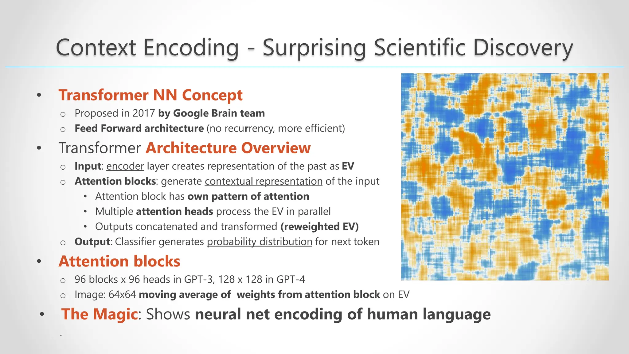 Context Encoding - Surprising Scientific Discovery • Transformer NN Concept o Proposed in 2017 by Google Brain team o Feed Forward architecture (no recurrency, more efficient) • Transformer Architecture Overview o Input: encoder layer creates representation of the past as EV o Attention blocks: generate contextual representation of the input • Attention block has own pattern of attention • Multiple attention heads process the EV in parallel • Outputs concatenated and transformed (reweighted EV) o Output: Classifier generates probability distribution for next token • Attention blocks o 96 blocks x 96 heads in GPT-3, 128 x 128 in GPT-4 o Image: 64x64 moving average of weights from attention block on EV • The Magic: Shows neural net encoding of human language . 