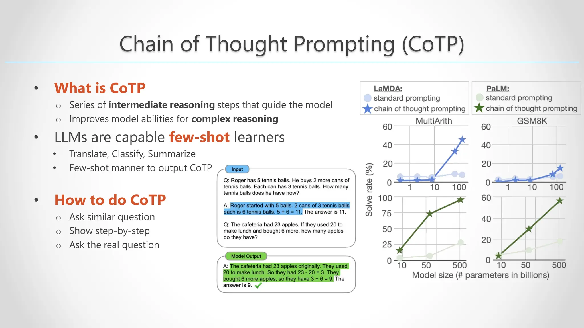 Chain of Thought Prompting (CoTP) • What is CoTP o Series of intermediate reasoning steps that guide the model o Improves model abilities for complex reasoning • LLMs are capable few-shot learners • Translate, Classify, Summarize • Few-shot manner to output CoTP • How to do CoTP o Ask similar question o Show step-by-step o Ask the real question 
