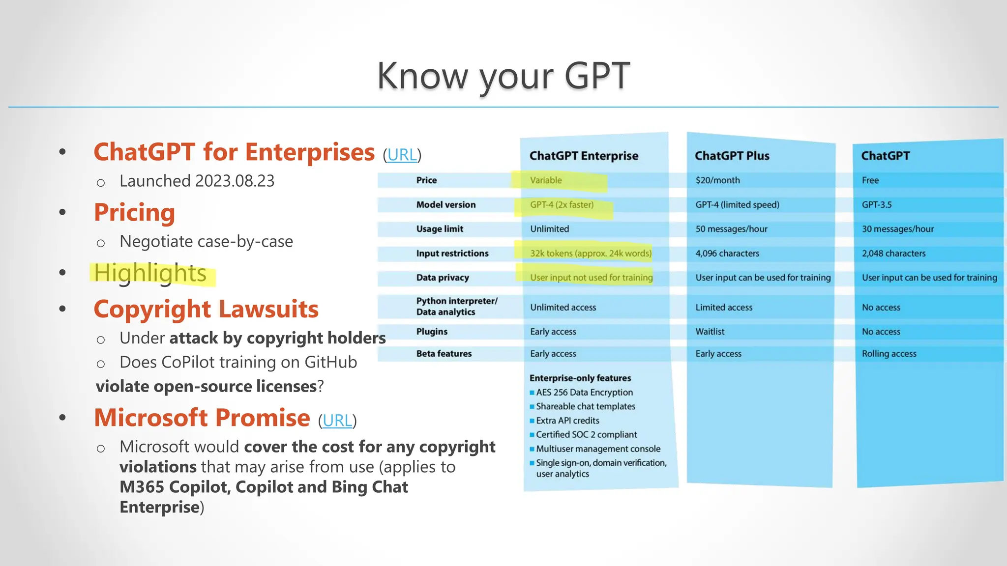 Know your GPT • ChatGPT for Enterprises (URL) o Launched 2023.08.23 • Pricing o Negotiate case-by-case • Highlights • Copyright Lawsuits o Under attack by copyright holders o Does CoPilot training on GitHub violate open-source licenses? • Microsoft Promise (URL) o Microsoft would cover the cost for any copyright violations that may arise from use (applies to M365 Copilot, Copilot and Bing Chat Enterprise) 