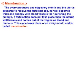 d) Menstruation :- 
The ovary produces one egg every month and the uterus 
prepares to receive the fertilised egg. Its wall becomes 
thick and spongy with blood vessels for nourishing the 
embryo. If fertilisation does not take place then the uterus 
wall breaks and comes out of the vagina as blood and 
mucous. This cycle takes place once every month and is 
called menstruation. 
 