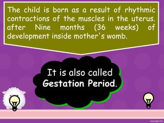 The child is born as a result of rhythmic
contractions of the muscles in the uterus.
after Nine months (36 weeks) of
development inside mother's womb.
It is also called
Gestation Period.
 