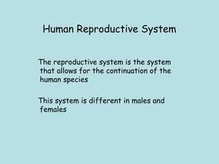 Human Reproductive System
The reproductive system is the system
that allows for the continuation of the
human species 
This system is different in males and
females 
 