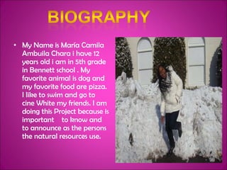 My Name is María Camila Ambuila Chara i have 12 years old i am in 5th grade in Bennett school . My favorite animal is dog and my favorite food are pizza. I like to swim and go to cine White my friends. I am doing this Project because is important  to know and to announce as the persons  the natural resources use. 