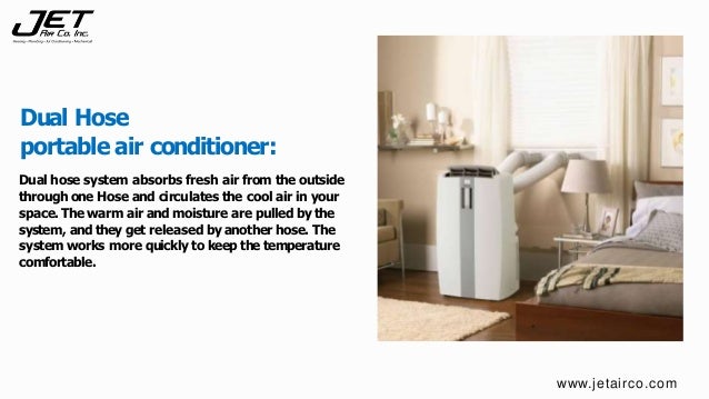 Dual hose system absorbs fresh air from the outside
through one Hose and circulates the cool air in your
space. The warm air and moisture are pulled by the
system, and they get released by another hose. The
system works more quickly to keep the temperature
comfortable.
Dual Hose
portable air conditioner:
www.jetairco.com
 