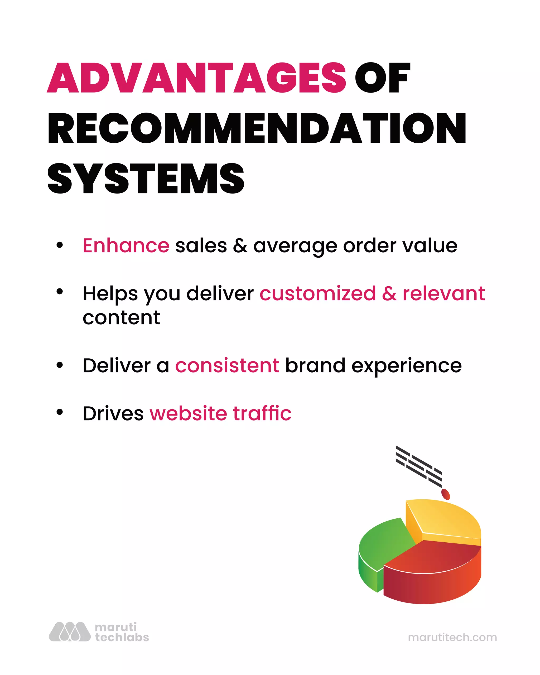marutitech.com
ADVANTAGES OF
RECOMMENDATION
SYSTEMS
Enhance sales & average order value
Helps you deliver customized & relevant
content
Deliver a consistent brand experience
Drives website trafﬁc
 