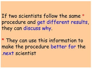 If two scientists follow the same * 
procedure and get different results, 
they can discuss why. 
* They can use this information to 
make the procedure better for the 
.next scientist 
 