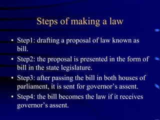 Steps of making a law
• Step1: drafting a proposal of law known as
bill.
• Step2: the proposal is presented in the form of
bill in the state legislature.
• Step3: after passing the bill in both houses of
parliament, it is sent for governor’s assent.
• Step4: the bill becomes the law if it receives
governor’s assent.
 