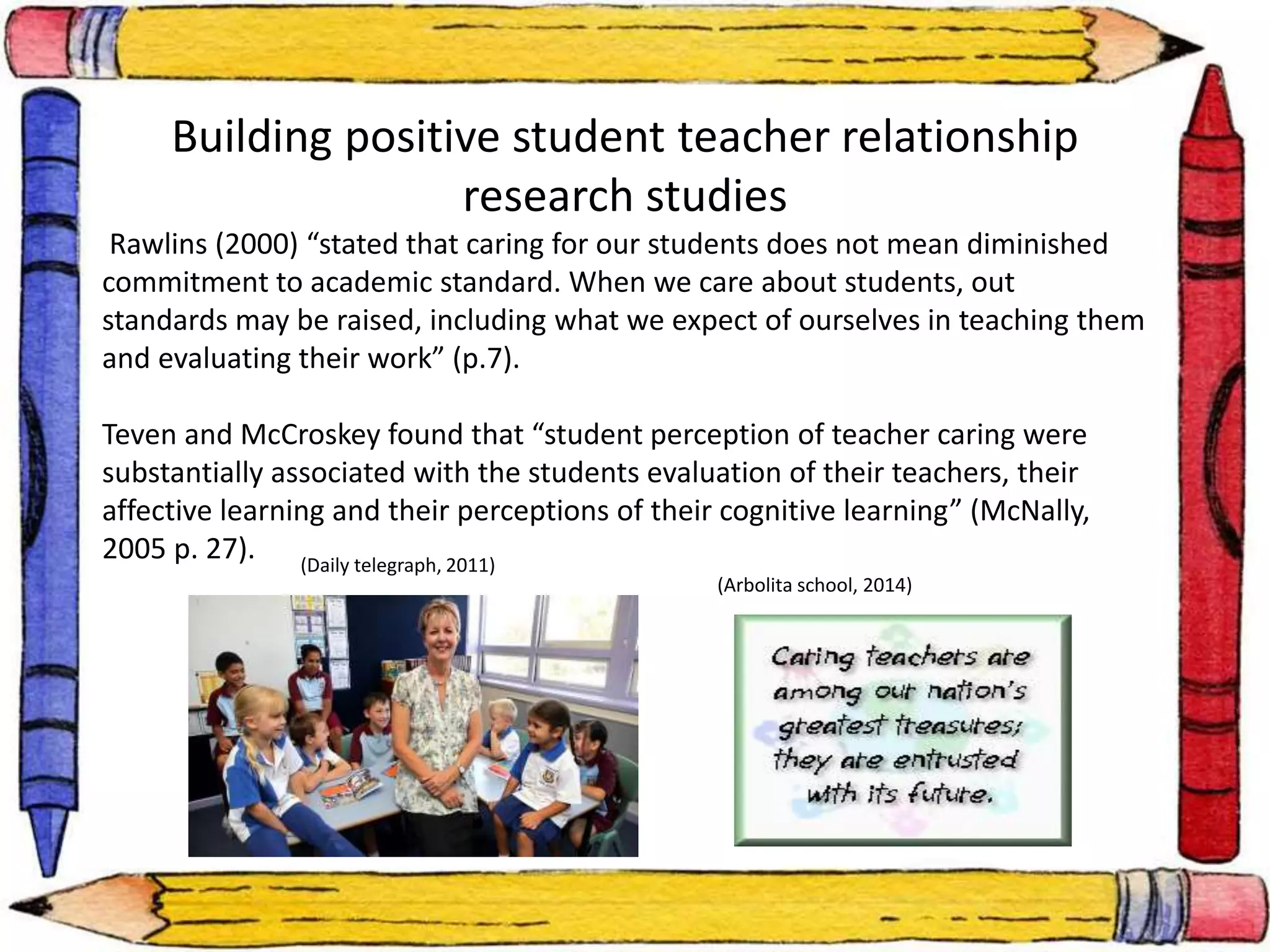 Building positive student teacher relationship 
research studies 
Rawlins (2000) “stated that caring for our students does not mean diminished 
commitment to academic standard. When we care about students, out 
standards may be raised, including what we expect of ourselves in teaching them 
and evaluating their work” (p.7). 
Teven and McCroskey found that “student perception of teacher caring were 
substantially associated with the students evaluation of their teachers, their 
affective learning and their perceptions of their cognitive learning” (McNally, 
2005 p. 27). 
(Daily telegraph, 2011) 
(Arbolita school, 2014) 
 