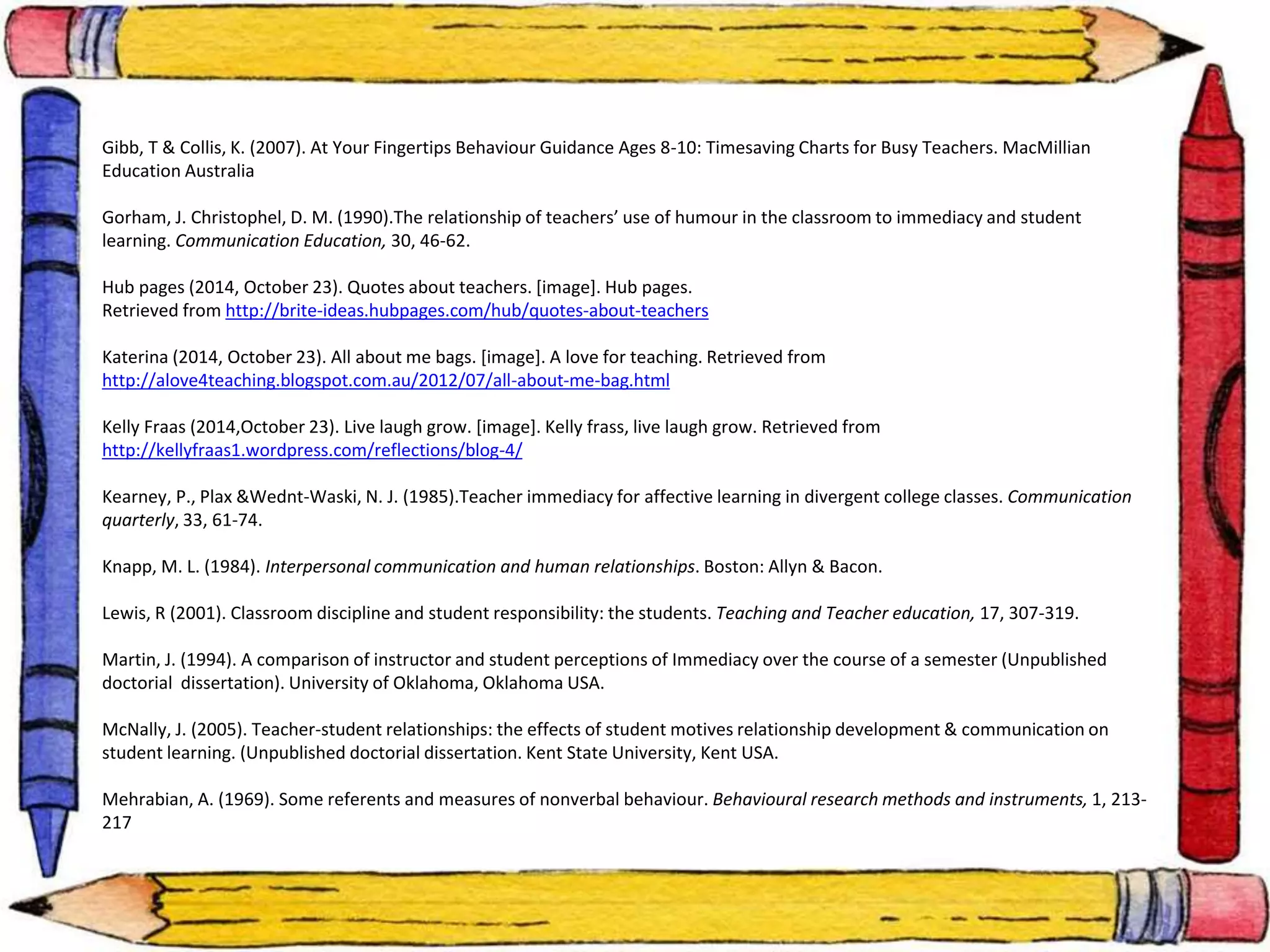 Gibb, T & Collis, K. (2007). At Your Fingertips Behaviour Guidance Ages 8-10: Timesaving Charts for Busy Teachers. MacMillian 
Education Australia 
Gorham, J. Christophel, D. M. (1990).The relationship of teachers’ use of humour in the classroom to immediacy and student 
learning. Communication Education, 30, 46-62. 
Hub pages (2014, October 23). Quotes about teachers. [image]. Hub pages. 
Retrieved from http://brite-ideas.hubpages.com/hub/quotes-about-teachers 
Katerina (2014, October 23). All about me bags. [image]. A love for teaching. Retrieved from 
http://alove4teaching.blogspot.com.au/2012/07/all-about-me-bag.html 
Kelly Fraas (2014,October 23). Live laugh grow. [image]. Kelly frass, live laugh grow. Retrieved from 
http://kellyfraas1.wordpress.com/reflections/blog-4/ 
Kearney, P., Plax &Wednt-Waski, N. J. (1985).Teacher immediacy for affective learning in divergent college classes. Communication 
quarterly, 33, 61-74. 
Knapp, M. L. (1984). Interpersonal communication and human relationships. Boston: Allyn & Bacon. 
Lewis, R (2001). Classroom discipline and student responsibility: the students. Teaching and Teacher education, 17, 307-319. 
Martin, J. (1994). A comparison of instructor and student perceptions of Immediacy over the course of a semester (Unpublished 
doctorial dissertation). University of Oklahoma, Oklahoma USA. 
McNally, J. (2005). Teacher-student relationships: the effects of student motives relationship development & communication on 
student learning. (Unpublished doctorial dissertation. Kent State University, Kent USA. 
Mehrabian, A. (1969). Some referents and measures of nonverbal behaviour. Behavioural research methods and instruments, 1, 213- 
217 
 