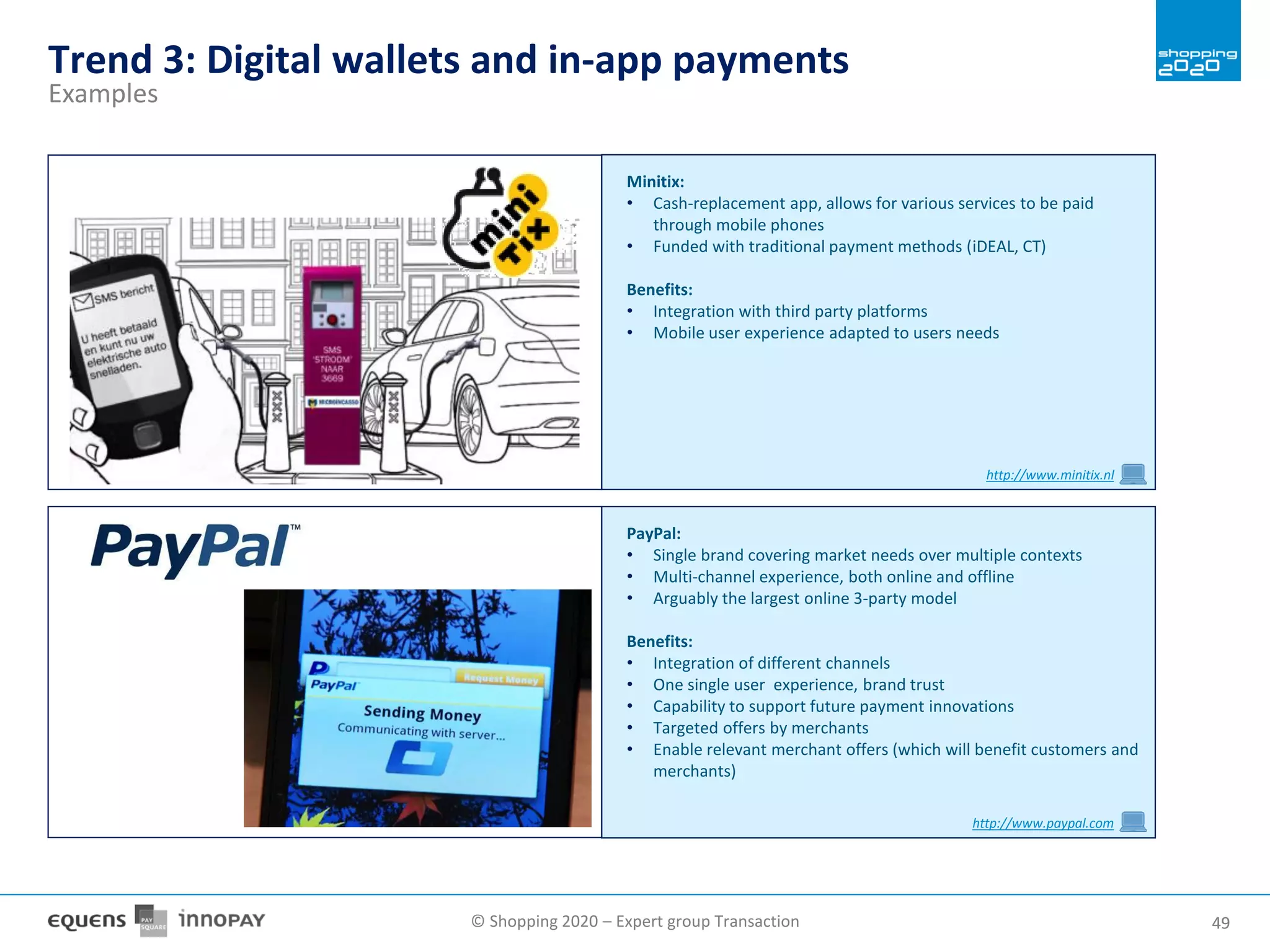 © Shopping 2020 – Expert group Transaction 4949
Trend 3: Digital wallets and in-app payments
Examples
PayPal:
• Single brand covering market needs over multiple contexts
• Multi-channel experience, both online and offline
• Arguably the largest online 3-party model
Benefits:
• Integration of different channels
• One single user experience, brand trust
• Capability to support future payment innovations
• Targeted offers by merchants
• Enable relevant merchant offers (which will benefit customers and
merchants)
http://www.paypal.com
Minitix:
• Cash-replacement app, allows for various services to be paid
through mobile phones
• Funded with traditional payment methods (iDEAL, CT)
Benefits:
• Integration with third party platforms
• Mobile user experience adapted to users needs
http://www.minitix.nl
 