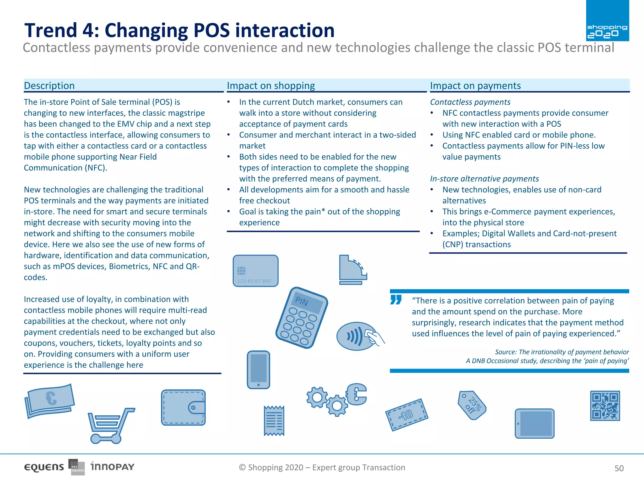 © Shopping 2020 – Expert group Transaction 5050
Trend 4: Changing POS interaction
Contactless payments provide convenience and new technologies challenge the classic POS terminal
The in-store Point of Sale terminal (POS) is
changing to new interfaces, the classic magstripe
has been changed to the EMV chip and a next step
is the contactless interface, allowing consumers to
tap with either a contactless card or a contactless
mobile phone supporting Near Field
Communication (NFC).
New technologies are challenging the traditional
POS terminals and the way payments are initiated
in-store. The need for smart and secure terminals
might decrease with security moving into the
network and shifting to the consumers mobile
device. Here we also see the use of new forms of
hardware, identification and data communication,
such as mPOS devices, Biometrics, NFC and QR-
codes.
Increased use of loyalty, in combination with
contactless mobile phones will require multi-read
capabilities at the checkout, where not only
payment credentials need to be exchanged but also
coupons, vouchers, tickets, loyalty points and so
on. Providing consumers with a uniform user
experience is the challenge here
Description
• In the current Dutch market, consumers can
walk into a store without considering
acceptance of payment cards
• Consumer and merchant interact in a two-sided
market
• Both sides need to be enabled for the new
types of interaction to complete the shopping
with the preferred means of payment.
• All developments aim for a smooth and hassle
free checkout
• Goal is taking the pain* out of the shopping
experience
Impact on shopping
Contactless payments
• NFC contactless payments provide consumer
with new interaction with a POS
• Using NFC enabled card or mobile phone.
• Contactless payments allow for PIN-less low
value payments
In-store alternative payments
• New technologies, enables use of non-card
alternatives
• This brings e-Commerce payment experiences,
into the physical store
• Examples; Digital Wallets and Card-not-present
(CNP) transactions
Impact on payments
“There is a positive correlation between pain of paying
and the amount spend on the purchase. More
surprisingly, research indicates that the payment method
used influences the level of pain of paying experienced.”
Source: The irrationality of payment behavior
A DNB Occasional study, describing the ‘pain of paying’
 