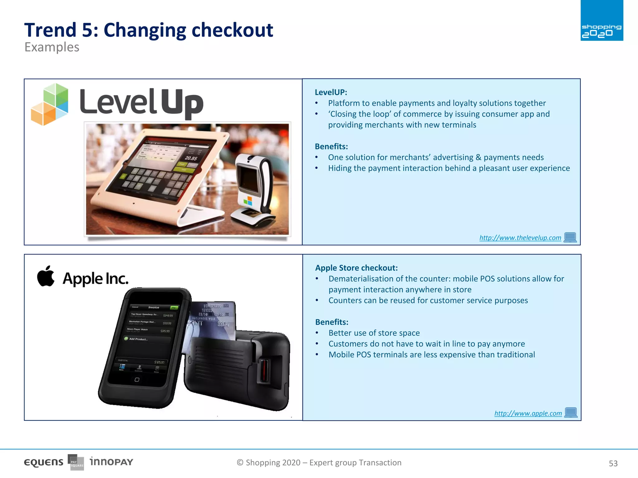 © Shopping 2020 – Expert group Transaction 5353
Trend 5: Changing checkout
Examples
LevelUP:
• Platform to enable payments and loyalty solutions together
• ‘Closing the loop’ of commerce by issuing consumer app and
providing merchants with new terminals
Benefits:
• One solution for merchants’ advertising & payments needs
• Hiding the payment interaction behind a pleasant user experience
http://www.thelevelup.com
Apple Store checkout:
• Dematerialisation of the counter: mobile POS solutions allow for
payment interaction anywhere in store
• Counters can be reused for customer service purposes
Benefits:
• Better use of store space
• Customers do not have to wait in line to pay anymore
• Mobile POS terminals are less expensive than traditional
http://www.apple.com
 