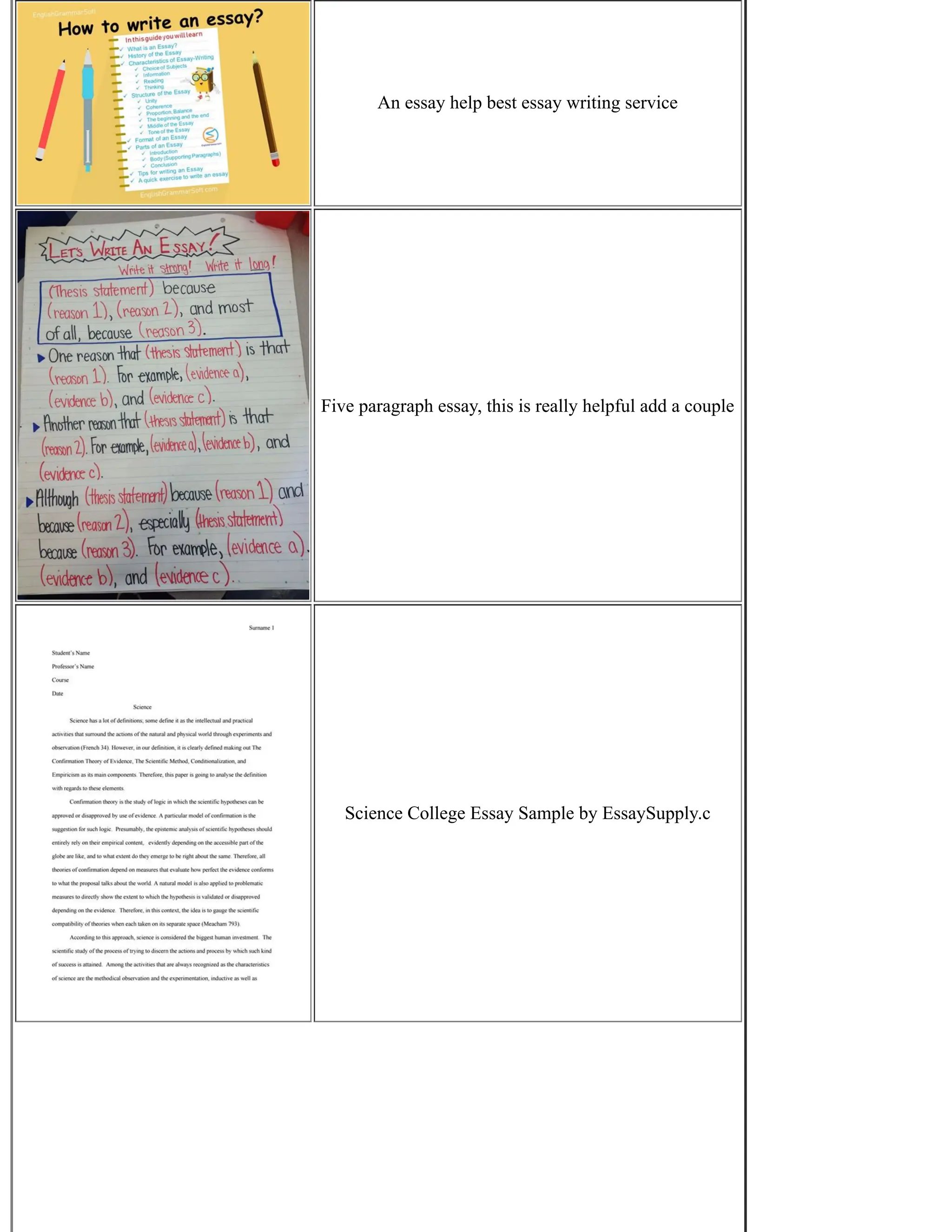 An essay help best essay writing service
Five paragraph essay, this is really helpful add a couple
Science College Essay Sample by EssaySupply.c
 