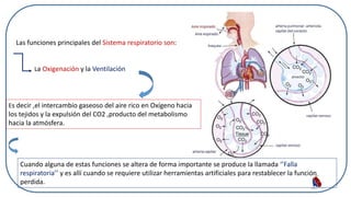 Las funciones principales del Sistema respiratorio son:
La Oxigenación y la Ventilación
Es decir ,el intercambio gaseoso del aire rico en Oxígeno hacia
los tejidos y la expulsión del CO2 ,producto del metabolismo
hacia la atmósfera.
Cuando alguna de estas funciones se altera de forma importante se produce la llamada ‘’Falla
respiratoria’’ y es allí cuando se requiere utilizar herramientas artificiales para restablecer la función
perdida.
 