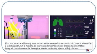 Con una serie de válvulas y tuberías de derivación que forman un circuito para la inhalación
y la exhalación. En la mayoría de los ventiladores modernos y el sistema informático
integrado permite controlar la respiración del paciente y ajustar el flujo de aire.
 