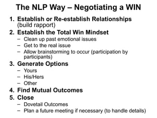 The NLP Way – Negotiating a WIN
1. Establish or Re-establish Relationships
(build rapport)
2. Establish the Total Win Mindset
– Clean up past emotional issues
– Get to the real issue
– Allow brainstorming to occur (participation by
participants)

3. Generate Options
– Yours
– His/Hers
– Other

4. Find Mutual Outcomes
5. Close
– Dovetail Outcomes
– Plan a future meeting if necessary (to handle details)

 