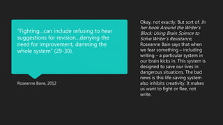 Roseanne Bane, 2012 
Okay, not exactly. But sort of. In 
her book Around the Writer’s 
Block: Using Brain Science to 
Solve Writer’s Resistance , 
Roseanne Bain says that when 
we fear something – including 
writing – a particular system in 
our brain kicks in. This system is 
designed to save our lives in 
dangerous situations. The bad 
news is this life-saving system 
also inhibits creativity. It makes 
us want to fight or flee, not 
write. 
“Fighting…can include refusing to hear 
suggestions for revision…denying the 
need for improvement, damning the 
whole system” (29-30). 
 