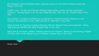 Bain, Roseanne. Around the Writer’s Block: Using Brain Science to Solve Write’s Resistance . New York: 
Penguin, 2012. Print. 
Costello, Lisa A. “The New Art of Revision? Research Papers, Blogs, and the First-Year Composition 
Classroom.” Teaching English in the Two Year College 39.2 (Dec., 2011): 151-167. ProQuest . Web. 17 Nov. 
2014. 
Davis, Wesley K. “Strategies and Rhetorical Considerations in Freshman Writing.” Conference on the 
Freshman Year Experience. 4-6 Dec. 1988, Columbia, SC. ERIC. Web. 17 Nov. 2014. 
Gillam, Kenneth M. “Toward an Ecology of Revision: A Revision Model of Chaos and Cooperation.” Illinois 
State University : UMI Microfilm, 2005. ProQuest . Web. 17 Nov. 2014. 
Hayes, John R. and David L. Wallace. “Redefining Revision for Freshmen.” Research in the Teaching of English 
25.1 (Feb., 1991): 54-66. National Council of Teachers of English. Web. 17 Nov. 2014. 
Works Cited 
 