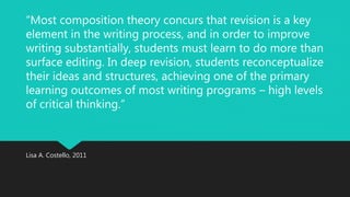 “Most composition theory concurs that revision is a key 
element in the writing process, and in order to improve 
writing substantially, students must learn to do more than 
surface editing. In deep revision, students reconceptualize 
their ideas and structures, achieving one of the primary 
learning outcomes of most writing programs – high levels 
of critical thinking.” 
Lisa A. Costello, 2011 
 
