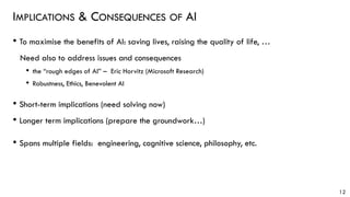 IMPLICATIONS & CONSEQUENCES OF AI
• To maximise the benefits of AI: saving lives, raising the quality of life, …
Need also to address issues and consequences
• the “rough edges of AI” – Eric Horvitz (Microsoft Research)
• Robustness, Ethics, Benevolent AI
• Short-term implications (need solving now)
• Longer term implications (prepare the groundwork…)
• Spans multiple fields: engineering, cognitive science, philosophy, etc.
12
 
