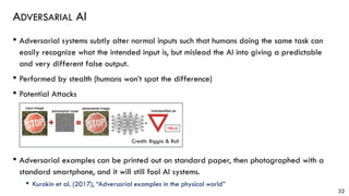 ADVERSARIAL AI
• Adversarial systems subtly alter normal inputs such that humans doing the same task can
easily recognize what the intended input is, but mislead the AI into giving a predictable
and very different false output.
• Performed by stealth (humans won’t spot the difference)
• Potential Attacks
• Adversarial examples can be printed out on standard paper, then photographed with a
standard smartphone, and it will still fool AI systems.
• Kurakin et al. (2017), “Adversarial examples in the physical world”
32
Credit: Biggio & Roli
 