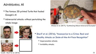 ADVERSARIAL AI
• The famous 3D printed Turtle that fooled
Google’s AI
• Adversarial attacks without perturbing the
whole image
33
Athalye et al. (2017), “Synthesizing Robust Adversarial Examples”
• Sharif et al. (2016), “Accessorize to a Crime: Real and
Stealthy Attacks on State-of-the-Art Face Recognition”
• Impersonation attacks
• Invisibility attacks
Credit: Sharif et al. (2016)
 