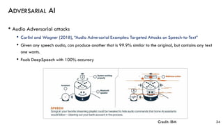ADVERSARIAL AI
• Audio Adversarial attacks
• Carlini and Wagner (2018), “Audio Adversarial Examples: Targeted Attacks on Speech-to-Text”
• Given any speech audio, can produce another that is 99.9% similar to the original, but contains any text
one wants.
• Fools DeepSpeech with 100% accuracy
34Credit: IBM
 
