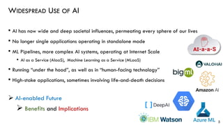 WIDESPREAD USE OF AI
• AI has now wide and deep societal influences, permeating every sphere of our lives
• No longer single applications operating in standalone mode
• ML Pipelines, more complex AI systems, operating at Internet Scale
• AI as a Service (AIaaS), Machine Learning as a Service (MLaaS)
• Running “under the hood”, as well as in “human-facing technology”
• High-stake applications, sometimes involving life-and-death decisions
➢ AI-enabled Future
➢ Benefits and Implications
5
 