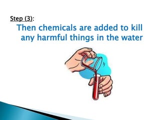 Step (3):

Then chemicals are added to kill
any harmful things in the water

 