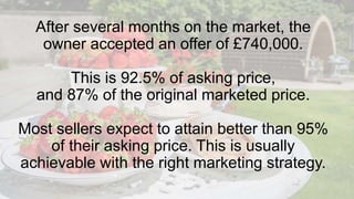 After several months on the market, the
owner accepted an offer of £740,000.
This is 92.5% of asking price,
and 87% of the original marketed price.
Most sellers expect to attain better than 95%
of their asking price. This is usually
achievable with the right marketing strategy.
 
