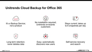 © 2017 Unitrends 35
Unitrends Cloud Backup for Office 365
It’s a Backup Service;
not a product
Long term retention;
never deletes data
Easy; automatically
discovers new users
No installation required;
Unitrends on-boards
customers
Self-service recovery
and search
Stays current; takes up
to 6 snapshots per day
 