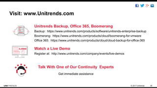 © 2017 Unitrends 39
Visit: www.Unitrends.com
Unitrends Backup, Office 365, Boomerang
Backup: https://www.unitrends.com/products/software/unitrends-enterprise-backup
Boomerang: https://www.unitrends.com/products/cloud/boomerang-for-vmware
Office 365: https://www.unitrends.com/products/cloud/cloud-backup-for-office-365
Watch a Live Demo
Register at: http://www.unitrends.com/company/events/live-demos
Talk With One of Our Continuity Experts
Get immediate assistance
 