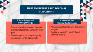 STEPS TO PREPARE A PPC ROADMAP
FOR CLIENTS
5. Set a Budget and
Bidding Strategy
6. Measure and
Monitor Performance
• Choose a bidding strategy (manual
or automated) that aligns with their
goals.
• Optimize return on investment by
managing your budget wisely.
• Use analytics tools to gain data-driven
insights.
• Regularly track KPIs like CTR and
Conversion Rate.
 