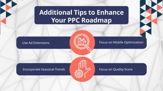 Additional Tips to Enhance
Your PPC Roadmap
Use Ad Extensions Focus on Mobile Optimization
Incorporate Seasonal Trends Focus on Quality Score
 