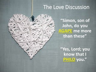 The Love Discussion
“Simon, son of
John, do you
AGAPE me more
than these”
“Yes, Lord; you
know that I
PHILO you.”
 
