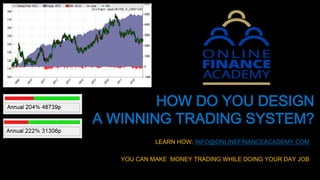 HOW DO YOU DESIGN
A WINNING TRADING SYSTEM?
LEARN HOW: INFO@ONLINEFINANCEACADEMY.COM
YOU CAN MAKE MONEY TRADING WHILE DOING YOUR DAY JOB
 