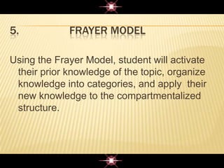 5. FRAYER MODEL
Using the Frayer Model, student will activate
their prior knowledge of the topic, organize
knowledge into categories, and apply their
new knowledge to the compartmentalized
structure.
 