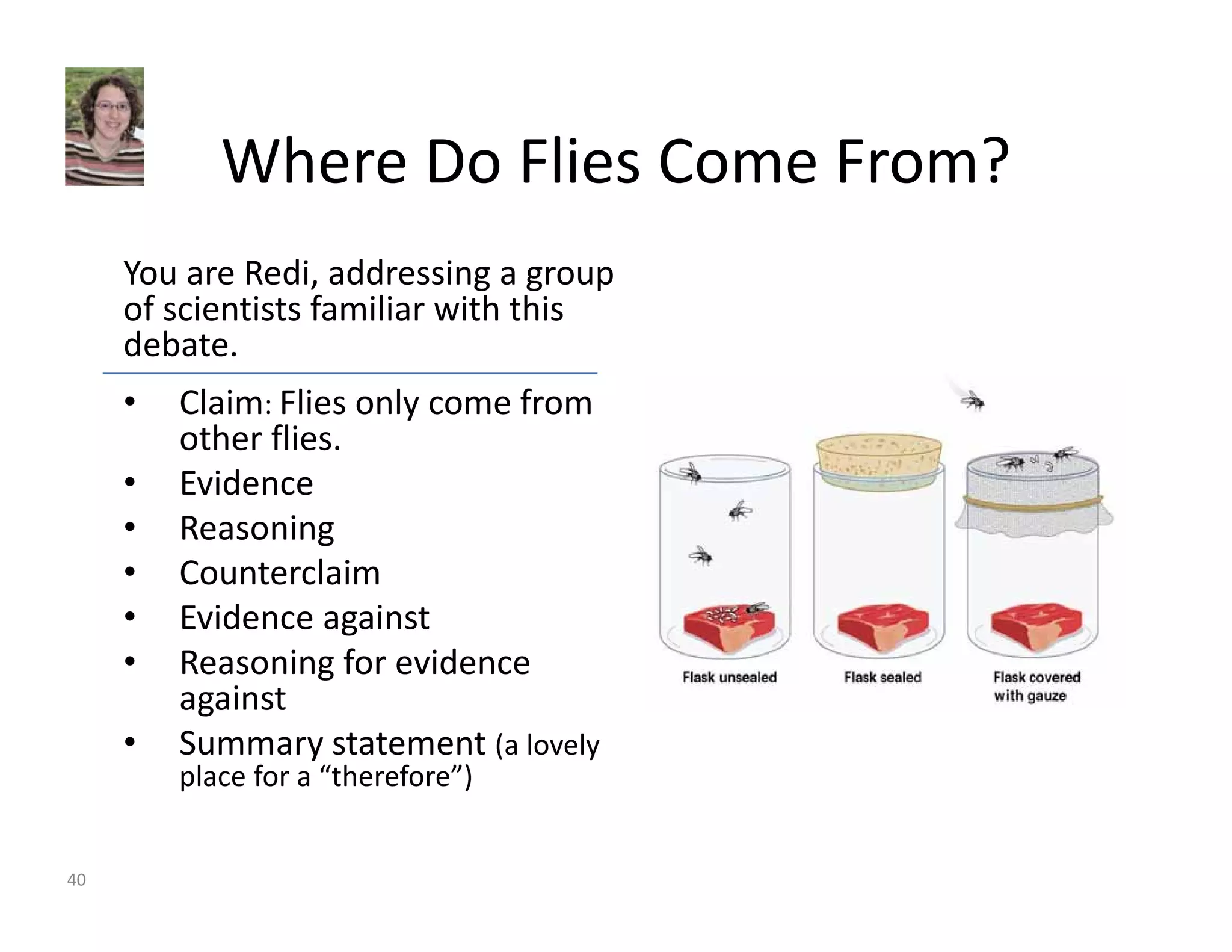 Where Do Flies Come From? 
You are Redi, addressing a group 
of scientists familiar with this 
debate. 
• Claim: Flies only come from 
other flies. 
• Evidence 
• Reasoning 
• Counterclaim 
• Evidence against 
• Reasoning for evidence 
against 
• Summary statement (a lovely 
place for a “therefore”) 
40 
 