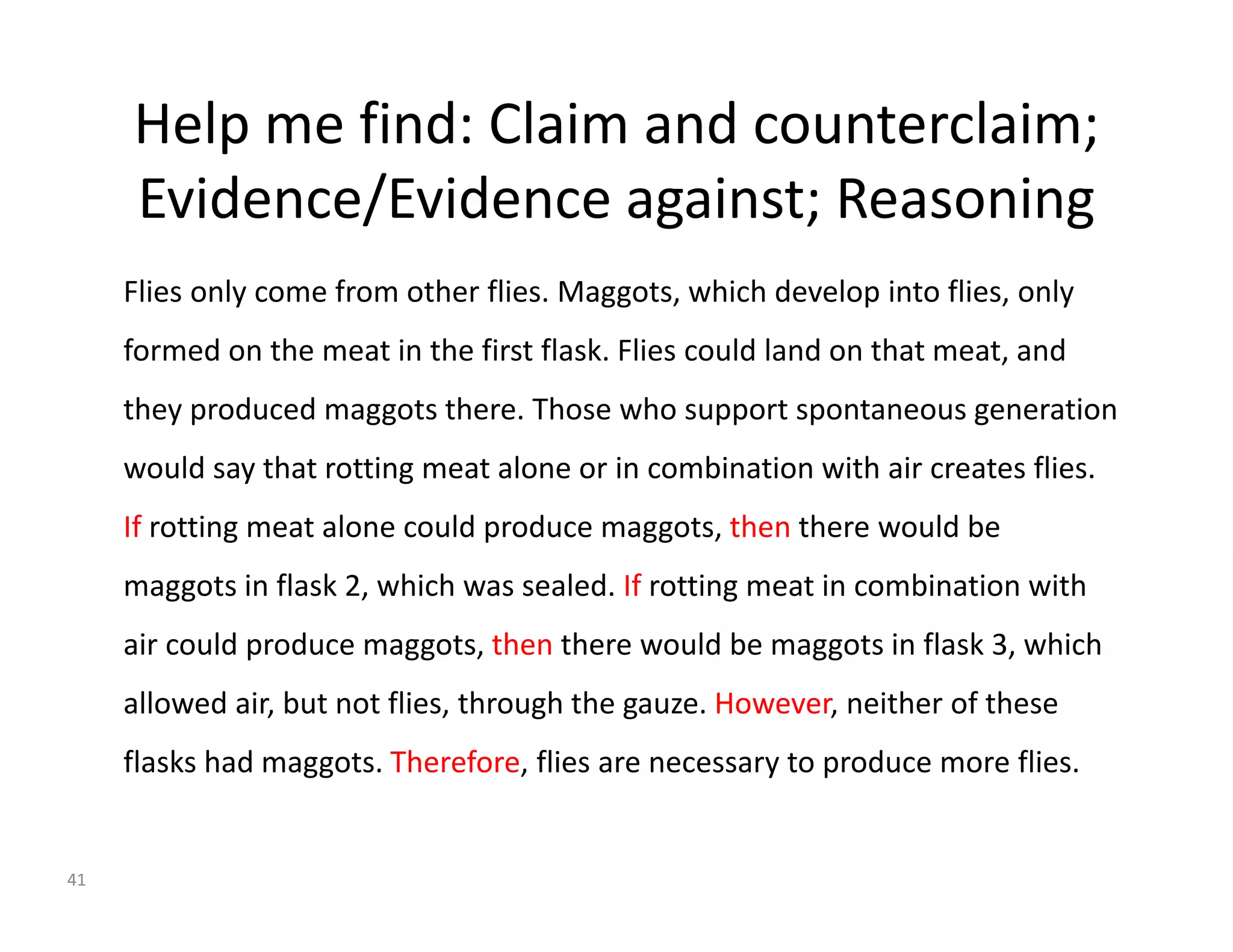Help me find: Claim and counterclaim; 
Evidence/Evidence against; Reasoning 
Flies only come from other flies. Maggots, which develop into flies, only 
formed on the meat in the first flask. Flies could land on that meat, and 
they produced maggots there. Those who support spontaneous generation 
would say that rotting meat alone or in combination with air creates flies. 
If rotting meat alone could produce maggots, then there would be 
maggots in flask 2, which was sealed. If rotting meat in combination with 
air could produce maggots, then there would be maggots in flask 3, which 
allowed air, but not flies, through the gauze. However, neither of these 
flasks had maggots. Therefore, flies are necessary to produce more flies. 
41 
 