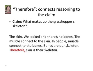 “Therefore”: connects reasoning to 
the claim 
• Claim: What makes up the grasshopper’s 
skeleton? 
The skin. We looked and there’s no bones. The 
muscle connect to the skin. In people, muscle 
connect to the bones. Bones are our skeleton. 
Therefore, skin is their skeleton. 
27 
 
