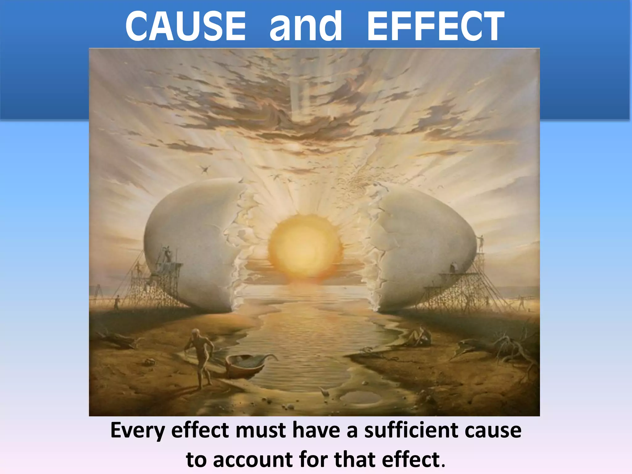 CAUSE and EFFECT
Every effect must have a sufficient cause
to account for that effect.
 