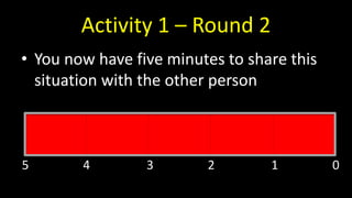 Activity 1 – Round 2
• You now have five minutes to share this
situation with the other person
5 4 3 2 1 0
 