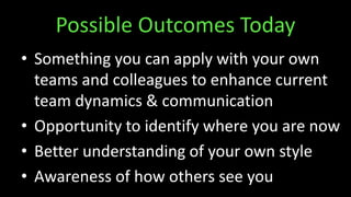 Possible Outcomes Today
• Something you can apply with your own
teams and colleagues to enhance current
team dynamics & communication
• Opportunity to identify where you are now
• Better understanding of your own style
• Awareness of how others see you
 