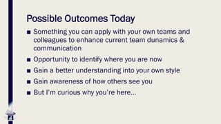 Possible Outcomes Today
■ Something you can apply with your own teams and
colleagues to enhance current team dunamics &
communication
■ Opportunity to identify where you are now
■ Gain a better understanding into your own style
■ Gain awareness of how others see you
■ But I’m curious why you’re here…
 