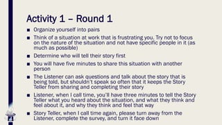 Activity 1 – Round 1
■ Organize yourself into pairs
■ Think of a situation at work that is frustrating you. Try not to focus
on the nature of the situation and not have specific people in it (as
much as possible)
■ Determine who will tell their story first
■ You will have five minutes to share this situation with another
person
■ The Listener can ask questions and talk about the story that is
being told, but shouldn’t speak so often that it keeps the Story
Teller from sharing and completing their story
■ Listener, when I call time, you’ll have three minutes to tell the Story
Teller what you heard about the situation, and what they think and
feel about it, and why they think and feel that way
■ Story Teller, when I call time again, please turn away from the
Listener, complete the survey, and turn it face down
 