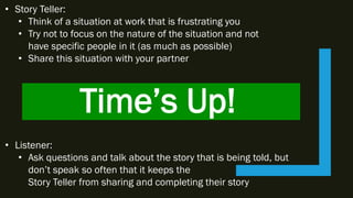 Time’s Up!
• Story Teller:
• Think of a situation at work that is frustrating you
• Try not to focus on the nature of the situation and not
have specific people in it (as much as possible)
• Share this situation with your partner
• Listener:
• Ask questions and talk about the story that is being told, but
don’t speak so often that it keeps the
Story Teller from sharing and completing their story
 