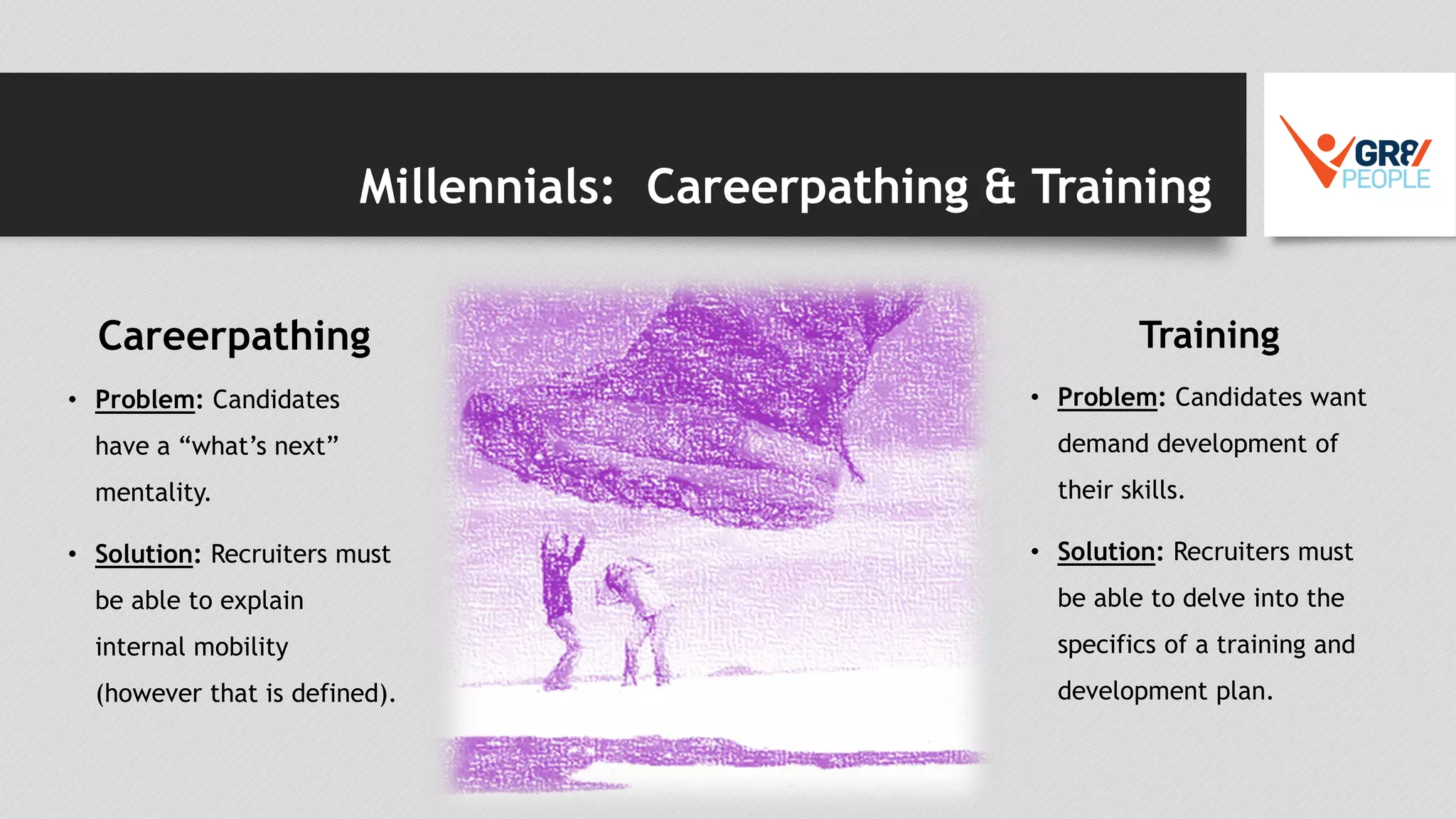 Millennials: Careerpathing & Training
Careerpathing
• Problem: Candidates
have a “what’s next”
mentality.
• Solution: Recruiters must
be able to explain
internal mobility
(however that is defined).
Training
• Problem: Candidates want
demand development of
their skills.
• Solution: Recruiters must
be able to delve into the
specifics of a training and
development plan.
 